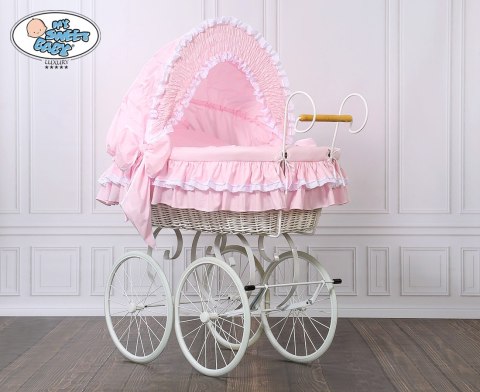 Kosz Mojżesza Retro Victoria - Biały + różowa pościel z białą haftowaną koronką