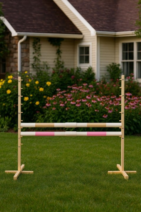 Przeszkoda Skokowa Do Hobby Horse 160Cm, H-120 Cm, Dwie Belki - Beżowa I Jasny Róż