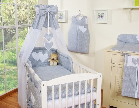 Pościel 5-Cz Z Baldachimem- Wiszące Serduszka Kropki Na Szarym