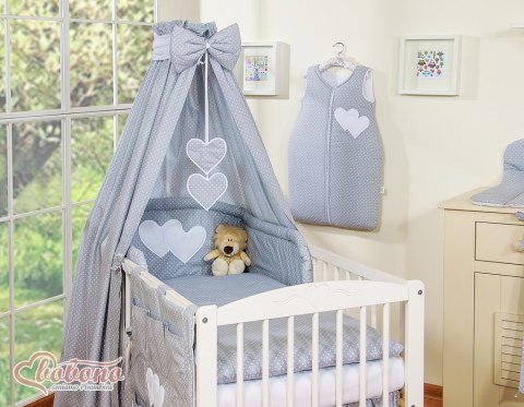 Pościel 5-Cz Z Baldachimem- Wiszące Serduszka Kropki Na Szarym