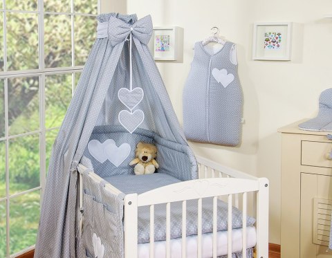 Pościel 5-Cz Z Baldachimem- Wiszące Serduszka Kropki Na Szarym