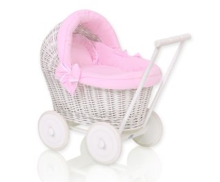 Wiklinowy Wózek Dla Lalek Pchacz Biały Z Różową Pościelką I Miękką Wyściółką Stella