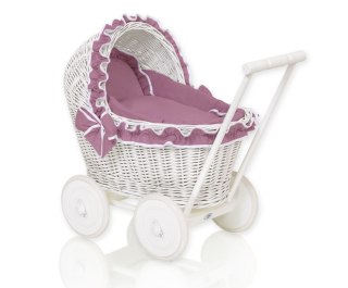 Wiklinowy Wózek Dla Lalek Pchacz Biały Z Pościelką Róż Retro I Miękką Wyściółką Chiara