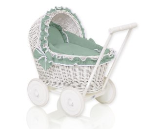 Wiklinowy Wózek Dla Lalek Pchacz Biały Z Szałwiową Pościelką I Miękką Wyściółką Chiara