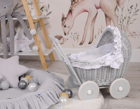 Wiklinowy Wózek Dla Lalek Pchacz Szary Z Białą Pościelką I Miękką Wyściółką