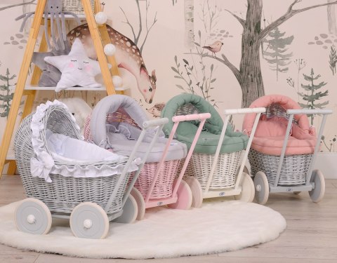 Wiklinowy Wózek Dla Lalek Pchacz Szary Z Białą Pościelką I Miękką Wyściółką