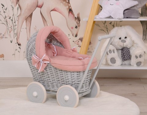 Wiklinowy Wózek Dla Lalek Pchacz Szary Z Pościelką I Miękką Wyściółką Brudny Róż