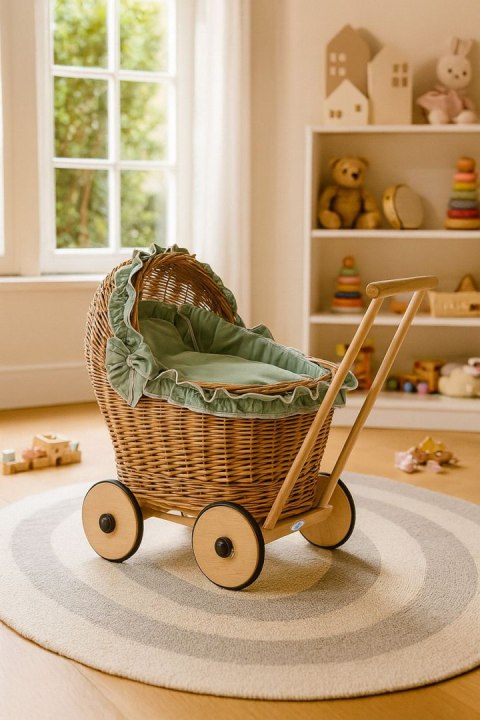 Wiklinowy Wózek Dla Lalek Pchacz Z Szałwiową Pościelką I Miękką Wyściółką Chiara - Naturalny