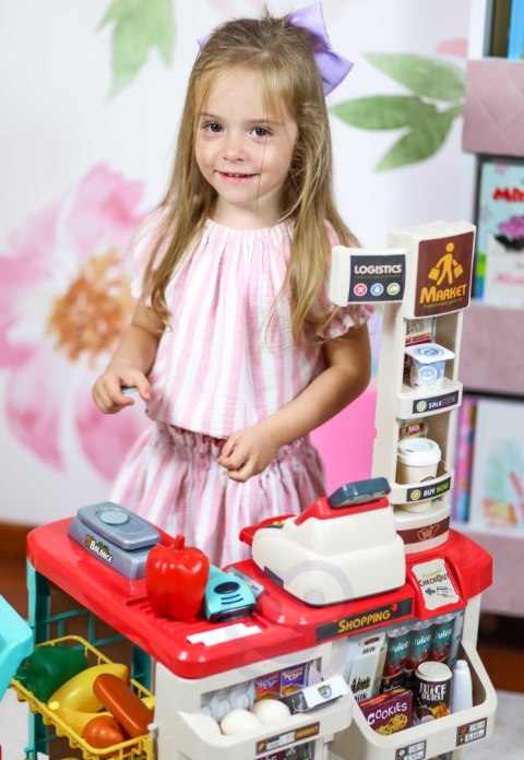 WOOPIE Sklep Supermarket z Wózkiem Sklepowym Waga Kasa Skaner + 48 Akc.