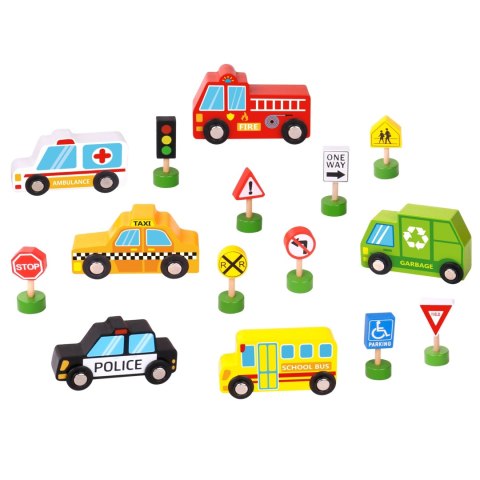 WOOPIE GREEN Zestaw Drewnianych Pojazdów i Znaków Drogowych 15 el.
