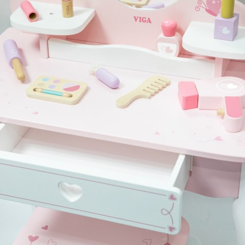 VIGA Duża Toaletka Drewniana Biało-Różowa z Lustrem i Krzesełkiem