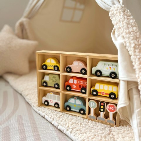 TOOKY TOY Zestaw Drewnianych Pojazdów i Znaków Drogowych w Pudełku