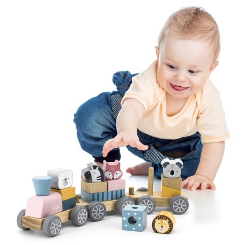 VIGA PolarB Drewniana Kolejka z Wagonikami i Zwierzątkami Do Układania Montessori