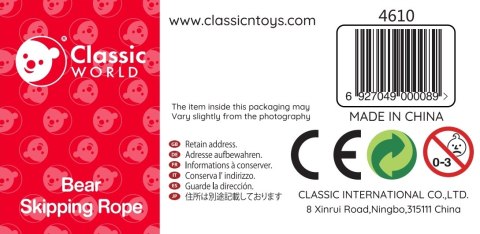 CLASSIC WORLD Skakanka Sznurkowa Czerwona Drewniane Rączki Miś 205cm