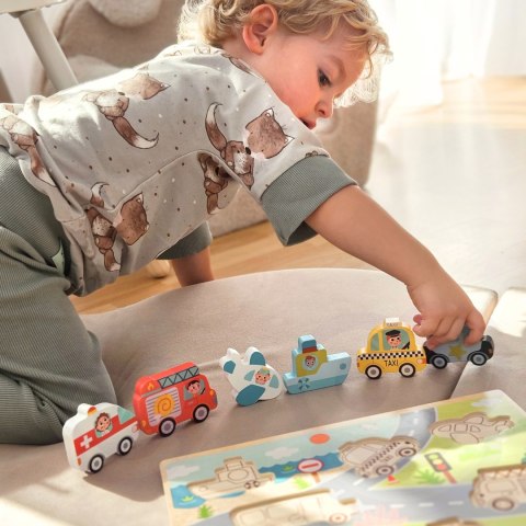 TOOKY TOY Drewniane Puzzle Montessori Pojazdy Samochody Samolot Statek Miasto Dopasuj Kształty