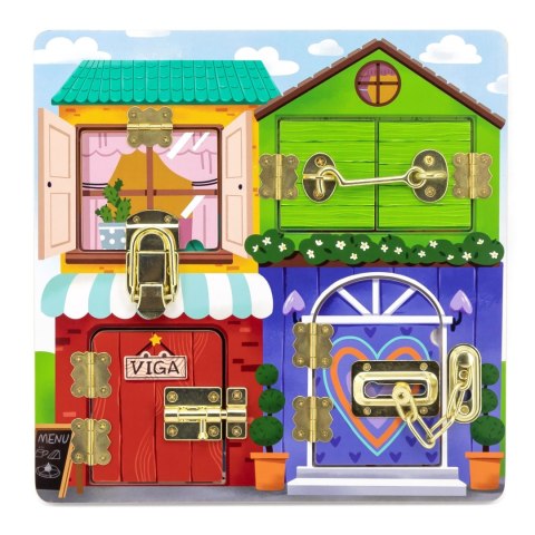 VIGA Drewniana Tablica Manipulacyjna Otwieranie Zamków i Zatrzasków Domek Montessori VIGA Drewniana Tablica Manipulacyjna Otwieranie Zamków i Zatrzasków Domek Montessori