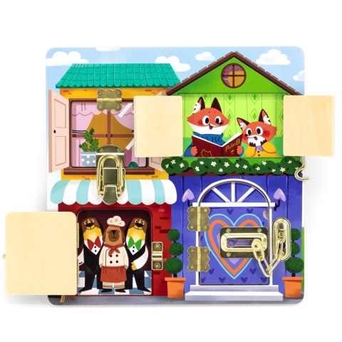 VIGA Drewniana Tablica Manipulacyjna Otwieranie Zamków i Zatrzasków Domek Montessori VIGA Drewniana Tablica Manipulacyjna Otwieranie Zamków i Zatrzasków Domek Montessori