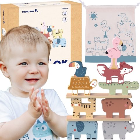 TOOKY TOY Drewniane Klocki Układanka Wieża Stacker Stosy Zwierzątka Montessori 13 el.