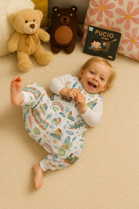 Śpiworek dla dzieci z nogawkami bawełniany ocieplany L 9-24 mcy TOG 2.5 - pociąg turkusowy