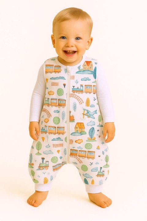 Śpiworek dla dzieci z nogawkami bawełniany ocieplany L 9-24 mcy TOG 2.5 - pociąg turkusowy