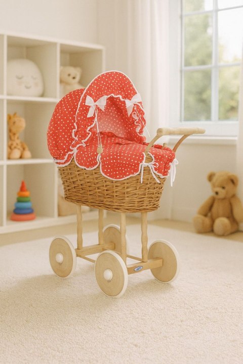 Wiklinowy Wózek Dla Lalek Wysoki Z Czerwoną Pościelką I Wyściółką- Naturalny