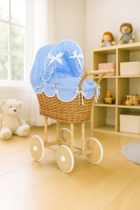 Wiklinowy Wózek Dla Lalek Wysoki Z Niebieską Pościelką I Wyściółką- Naturalny