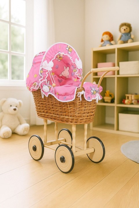 Wiklinowy Wózek Dla Lalek Wysoki Z Różową Pościelką I Wyściółką- Naturalny