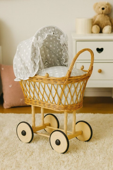 Wiklinowy Wózek Dla Lalek Wysoki Z Szarą Pościelką I Wyściółką- Naturalny