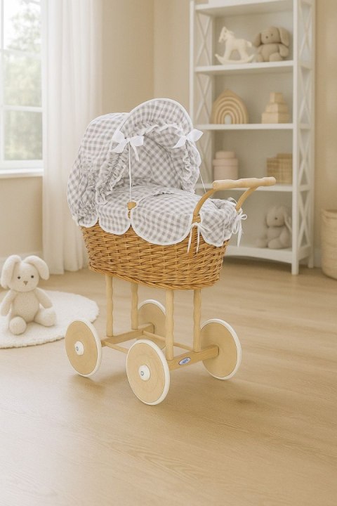 Wiklinowy Wózek Dla Lalek Wysoki Z Szarą Pościelką I Wyściółką- Naturalny