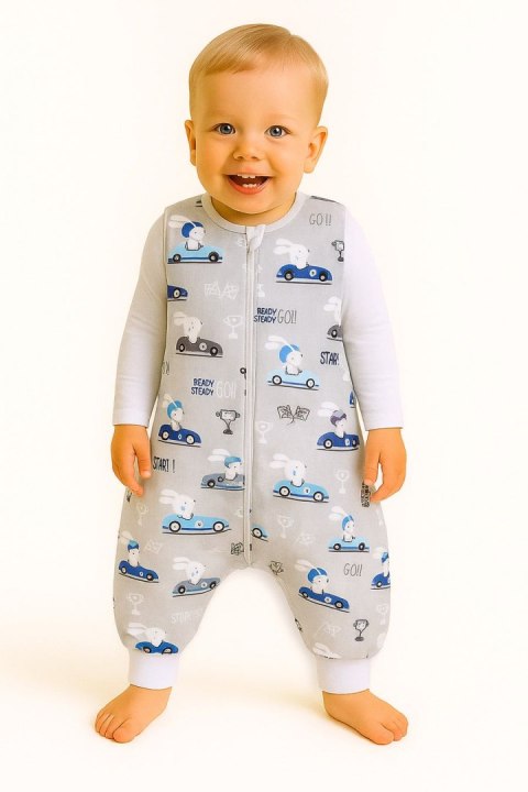 Śpiworek dla dzieci z nogawkami bawełniany ocieplany L 9-24 mcy TOG 2.5 - zające w autkach szare