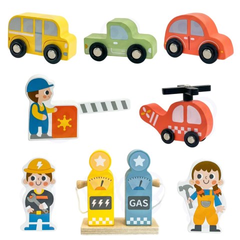 WOOPIE GREEN Drewniany Parking Piętrowy 2w1 Stacja Benzynowa z Autkami i Figurkami 12 el. FSC