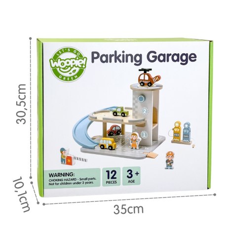 WOOPIE GREEN Drewniany Parking Piętrowy 2w1 Stacja Benzynowa z Autkami i Figurkami 12 el. FSC