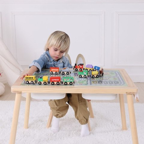 WOOPIE GREEN Drewniany Stolik Aktywności 4w1 Tablica Kredowa Pojemniki Mapa Miasta Papier Rysunkowy