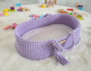 Kosz Mojżesza BOHO bawełniany nosidełko dla lalek z drewnianą kołyską - fioletowy