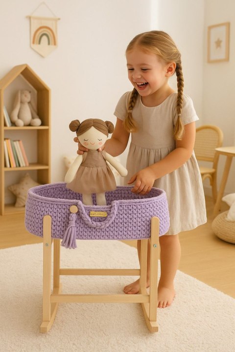 Kosz Mojżesza BOHO bawełniany nosidełko dla lalek z drewnianą kołyską - fioletowy