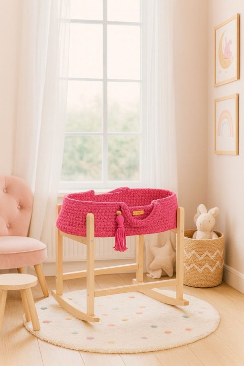 Kosz Mojżesza BOHO bawełniany nosidełko dla lalek z drewnianą kołyską - fuksja