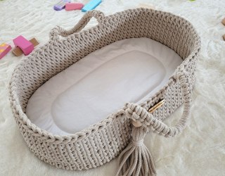 Kosz Mojżesza BOHO bawełniany nosidełko dla lalek z drewnianą kołyską - jasny beż