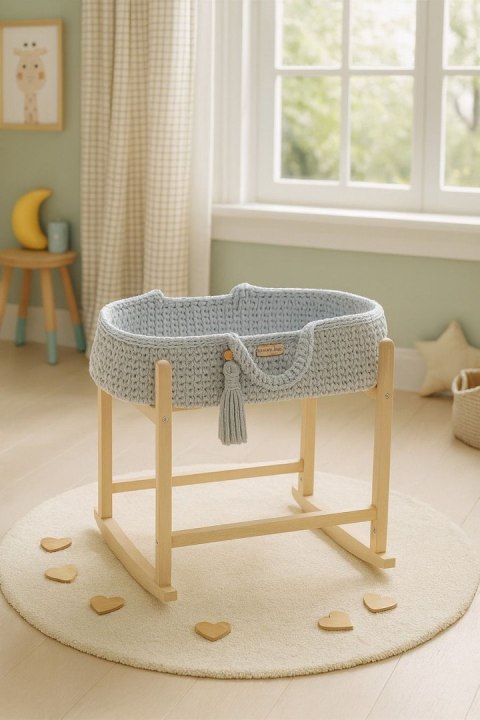 Kosz Mojżesza BOHO bawełniany nosidełko dla lalek z drewnianą kołyską - jasny szary