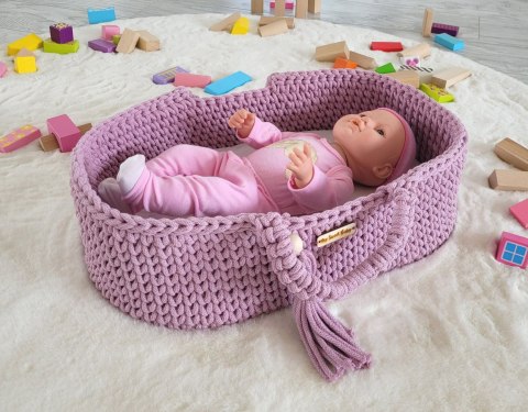 Kosz Mojżesza BOHO bawełniany nosidełko dla lalek z drewnianą kołyską - lawenda