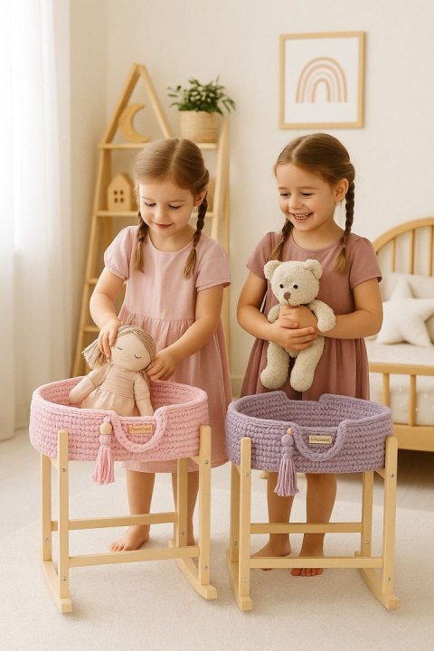 Kosz Mojżesza BOHO bawełniany nosidełko dla lalek z drewnianą kołyską - różowy