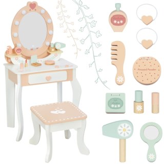 TOOKY TOY Drewniana Toaletka z Krzesełkiem Akcesoria Lustro z Oświetleniem LED + Kosmetyki