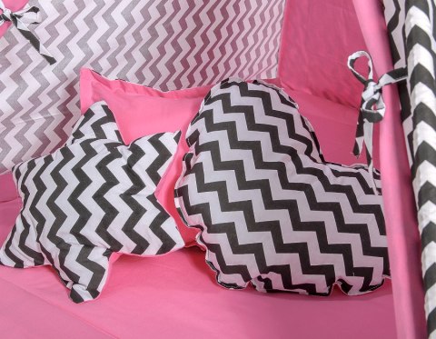 Namiot TIPI dla dzieci + mata + poduszki + zawieszki pióra - Chevron czarny/ciemny róż