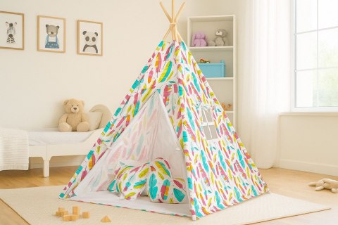 Namiot TIPI dla dzieci + mata + poduszki + zawieszki pióra - Kolorowe piórka