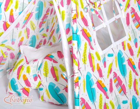 Namiot TIPI dla dzieci + mata + poduszki + zawieszki pióra - Kolorowe piórka