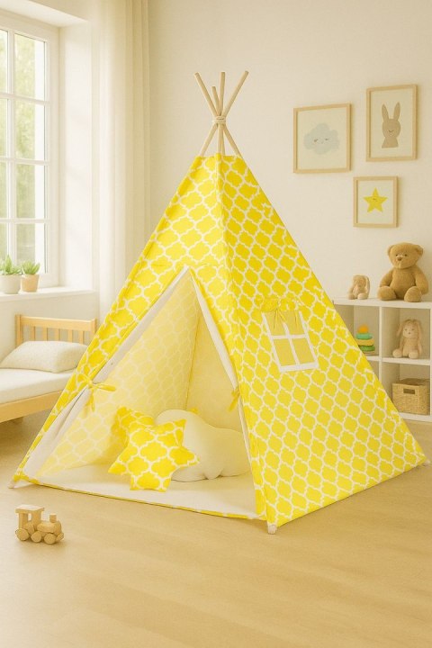 Namiot TIPI dla dzieci + mata + poduszki + zawieszki pióra - Maroko żółte