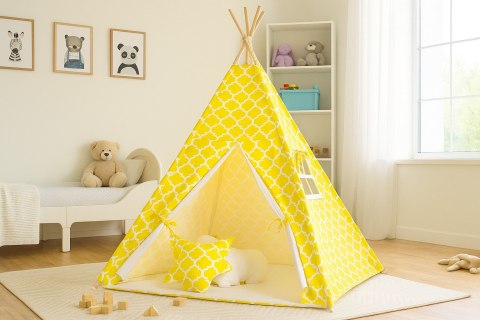 Namiot TIPI dla dzieci + mata + poduszki + zawieszki pióra - Maroko żółte