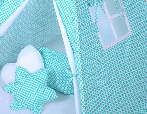 Namiot TIPI dla dzieci + mata + poduszki + zawieszki pióra - Mini rozety miętowe/biały