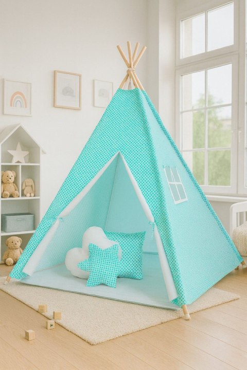 Namiot TIPI dla dzieci + mata + poduszki + zawieszki pióra - Mini rozety miętowe/biały