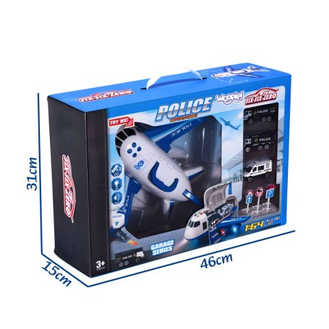 WOOPIE Samolot Rozkładany Transporter Policja z 3 Autami Policyjnymi Zestaw XL Znaki Drogowe