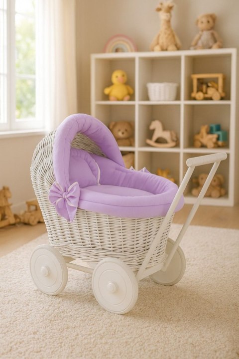 Wiklinowy wózek dla lalek pchacz biały z fioletową pościelką i miękką wyściółką STELLA